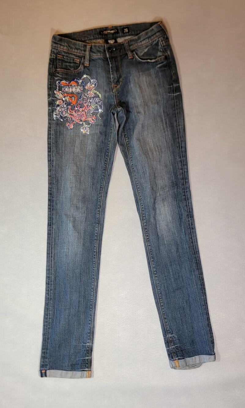 Ed Hardy Love Kills Slowly Embroidered Spellout Skinny Jeans 28 x 33 Y2K Vintage